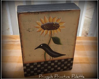 Primitive Crow Sunflower Wood Shelf Sitter Block Home Decor