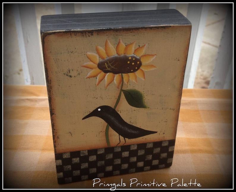 Primitive Crow Sunflower Wood Shelf Sitter Block Home Decor image 1