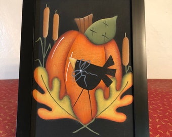 Fall Picture-Pumpkin-Leaves-Crow 5" x 7" Framed Canvas