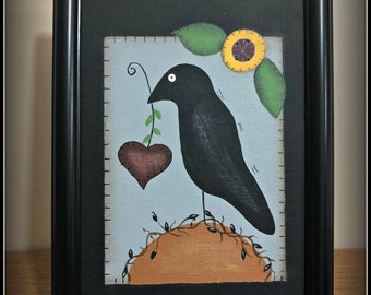 Primitive Crow-Heart-5 x 7 Canvas Framed Panel-Home Decor-Hand Painted