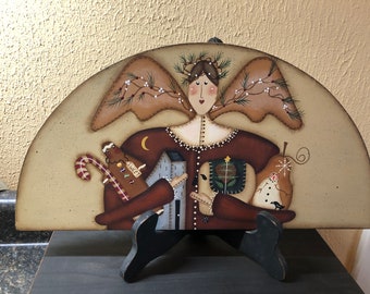 Primitive Folk Art Angel Wood Door Crown Topper-Home Decor