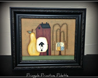 Primitive 8 x 10 Framed Saltbox Pear Willow Tree Canvas Home Decor Wall Art