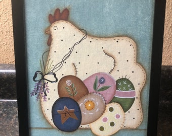 Primitive Spring Chicken Decorated Eggs Framed Canvas Picture