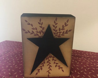 Primitive Star Pip berries Wood Shelf Sitter Block-Home Decor