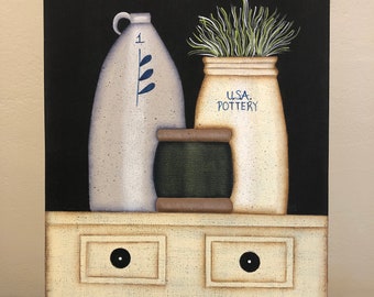 Primitive 11 x 14 Gallery Wrapped Canvas-Crocks-Plants-Cabinet-Wall Decor