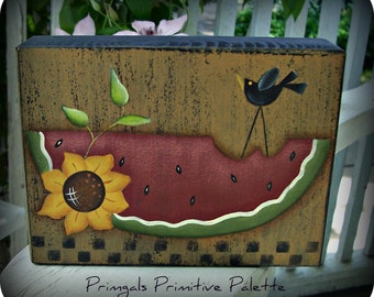 Primitive Watermelon Sunflower Crow Wood Shelf Sitter Block-Home Decor