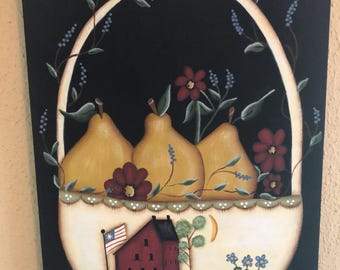 Primitive 11x14 Gallery Wrapped Canvas-Basket-Pears-Saltbox Scene-Hand Painted