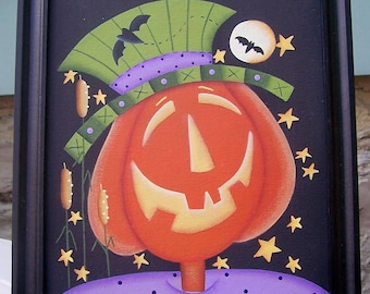 Halloween Primitive Pumpkin Bats Framed Canvas Handpainted Home Decor