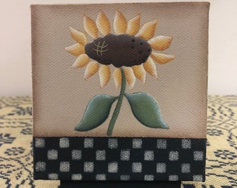 Primitive Sunflower Checkerboard 4 x 4 Gallery Wrapped Canvas-Home Decor