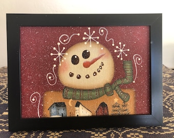 Primitive Snowman-Saltbox-Winter-5 x 7 Framed Canvas-Home Decor Picture