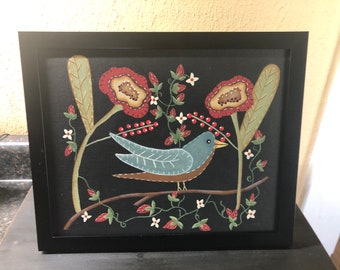 Primitive Bird-Flowers Folk Art 8x10 Framed Canvas