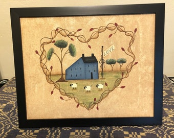 Primitive Grapevine Heart 8 x 10 Framed Canvas-Saltbox House-Sheep Picture