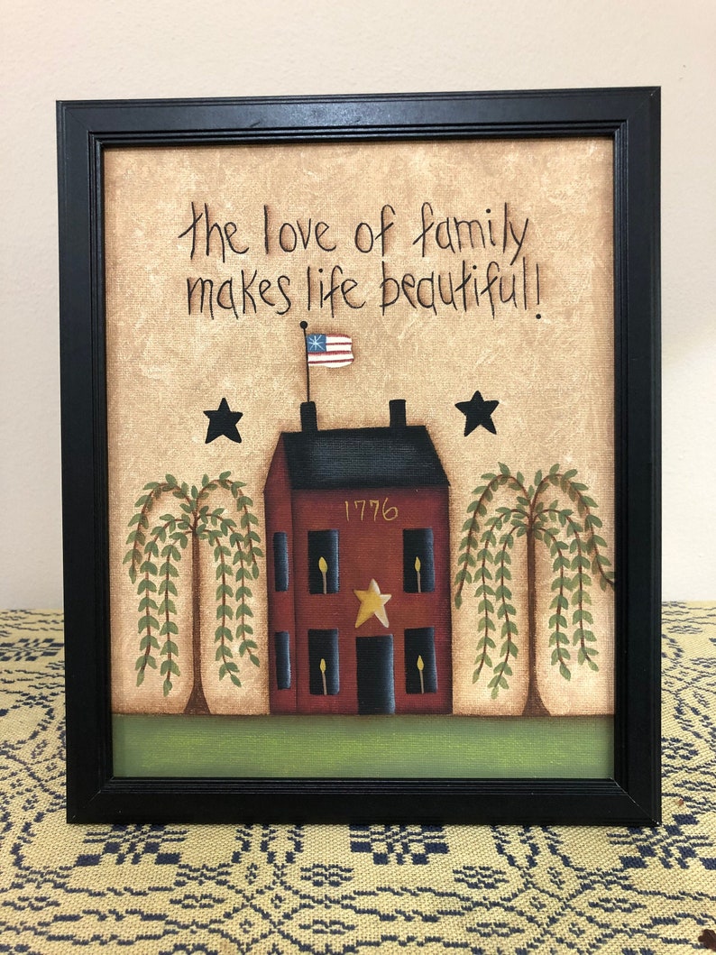 Primitive Saltbox House Hand Painted 8 x 10 Framed Sampler-Home Decor Decoation image 1