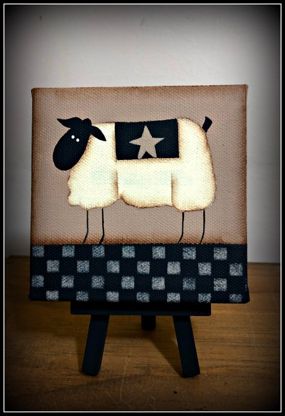 Primitive Sheep 4 X 4 Canvas Easel Checkerboard Home Decor Etsy