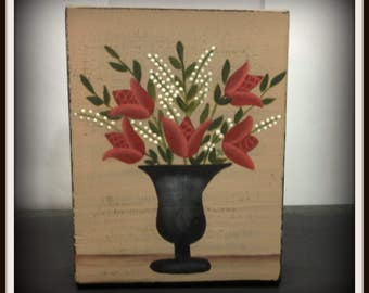 Primitive Folk Art Flowers Shelf Sitter Wood Block Home Decor