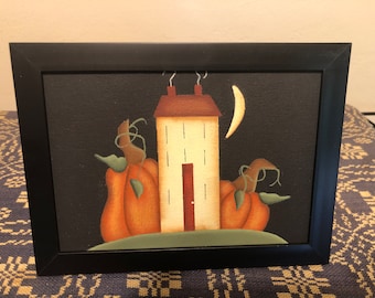 Primitive Saltbox House-Fall Pumpkin- 5 x 7 Framed Canvas-Autumn Decor