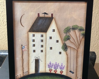 Primitive Spring White Saltbox Framed Picture