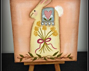 Primitive Easter Bunny 4 x 4 Wrapped Canvas Wood Easel Spring Home Decor