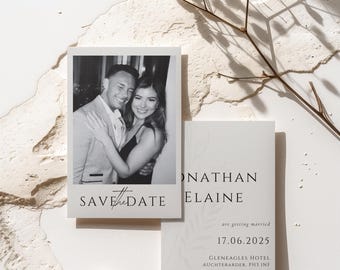May include: A black and white photo of a couple on a save the date card. The card is white with black text that says "Save the Date" and the couple's names, "Jonathan and Elaine". The card also includes the date "17.06.2025", the location "Gleneagles Hotel, Auchterarder, PH3 1NF", and the text "formal invitation to follow".
