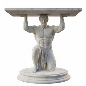 Może przedstawiać: Biała marmurowa rzeźba klęczącego Atlasa podtrzymującego prostokątny blat stołu. Rzeźba jest szczegółowa z definicją mięśni i spoczywa na okrągłej podstawie. Blat stołu ma około 91 cm długości.