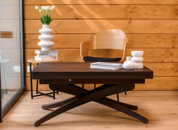 Extendable Transformer Table | 3-in-1 100% Wooden Table | Adjustable Height | Multifunctional Coffee & Dining Table | Brown (Walnut) Finish