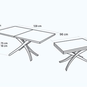 May include: A black and white line drawing of a table with an extendable top. The table is 96 inches wide and 128 inches long. The table can be extended to a maximum of 75 inches and a minimum of 18 inches. The table has a simple, modern design with four legs that are curved and cross each other.