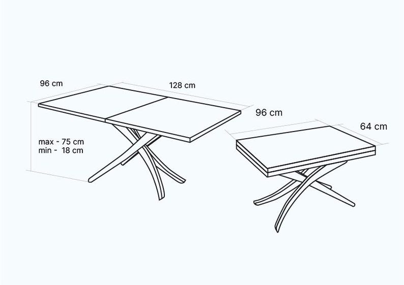 May include: A black and white line drawing of a table with an extendable top. The table is 96 inches wide and 128 inches long. The table can be extended to a maximum of 75 inches and a minimum of 18 inches. The table has a simple, modern design with four legs that are curved and cross each other.