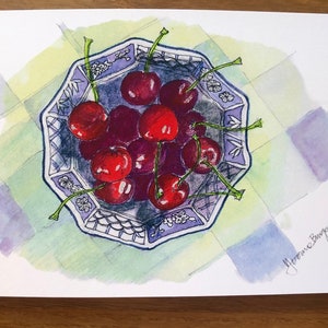Cerises mûres dans mon bol chinois - Carte d'art vierge, 5 pouces x 7 pouces, format paysage