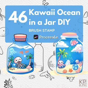 Peut inclure: Illustration numérique de 46 tampons de pinceau Kawaii Ocean in a Jar DIY pour Procreate. L'image montre deux bocaux avec des scènes océaniques à l'intérieur, y compris des méduses, des palmiers et des coquillages.