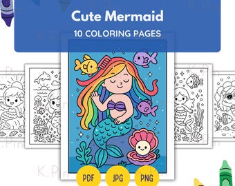 10 Cute Mermaid Coloring Pages | Under the Sea Kawaii Printable | Bold Easy Lines Kids Adults | Fantasy Ocean | Instant Download PDF PNG JPG