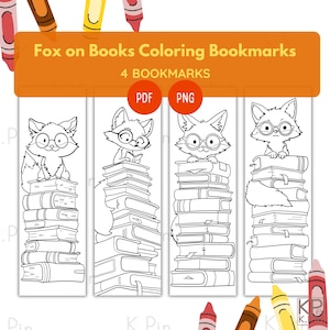 Könnte beinhalten: Vier schwarz-weiße Malvorlagen für Lesezeichen mit einem Fuchs, der eine Brille trägt und auf einem Stapel Bücher sitzt. Die Lesezeichen sind mit "Fox on Books Coloring Bookmarks" und "4 Bookmarks" beschriftet.
