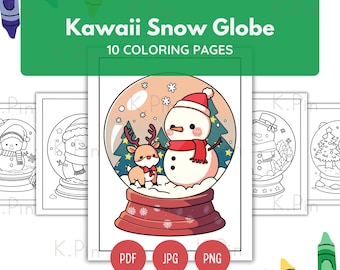 Kawaii kerst sneeuwbol kleurplaten | Vakantie printables (PDF JPG PNG)