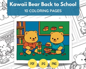 Kawaii Bear Coloring Pages: Back to School Fun (PDF, PNG, JPG)