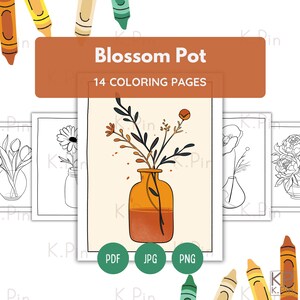 Può includere: Un set di pagine da colorare con disegni floreali, tra cui un vaso con fiori. L'immagine include il testo "Blossom Pot" e "14 COLORING PAGES". L'immagine include anche i tipi di file PDF, JPG e PNG.