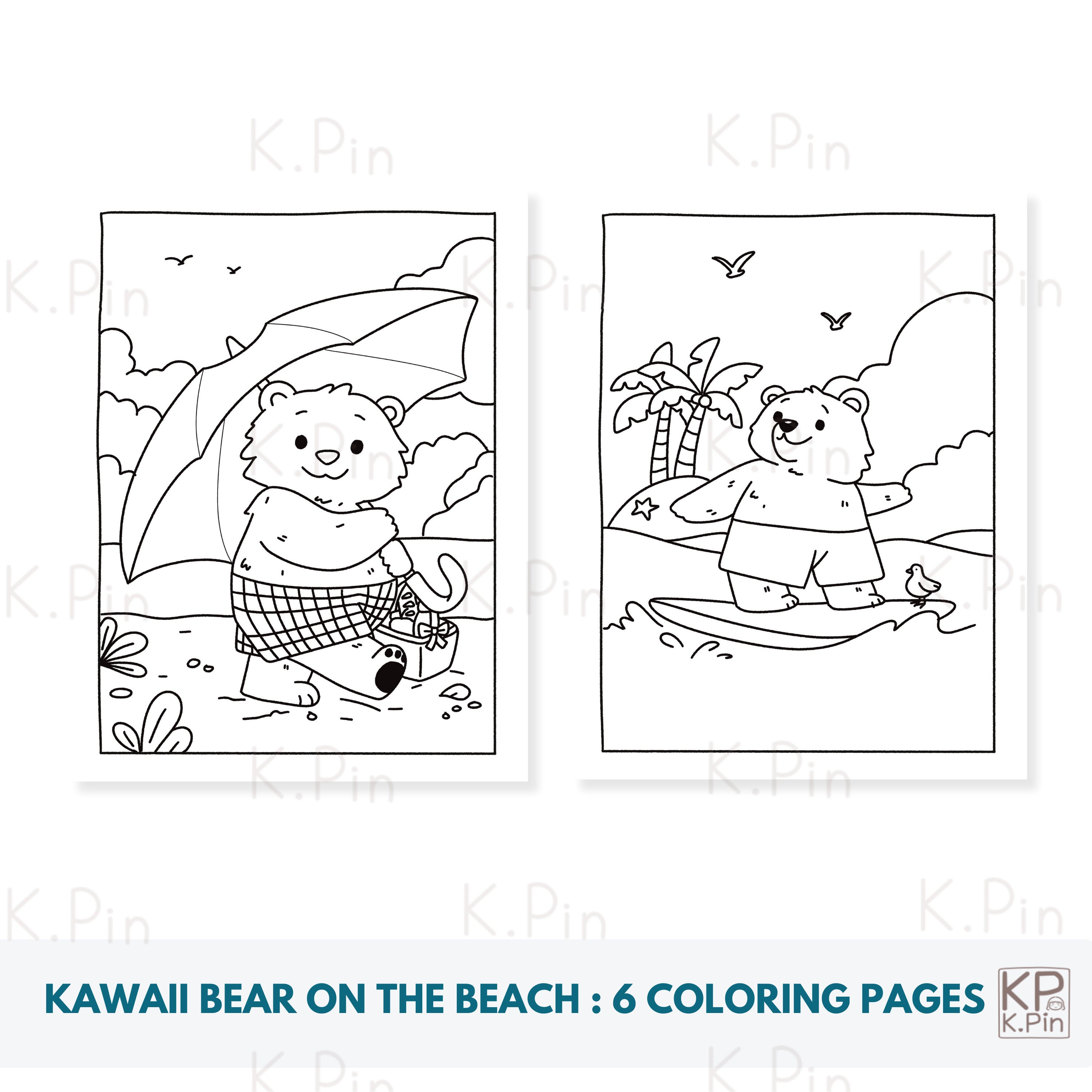 Kawaii Bear Beach Coloring Page for Adults Teens and Kids to Color