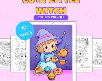 Kleurplaten Kawaii-heks: Halloween-activiteit, leuk voor kinderen en volwassenen (pdf, png, jpg-download)
