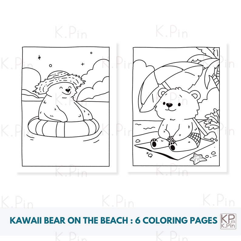 Kawaii Bear Beach Coloring Page for Adults Teens and Kids to Color