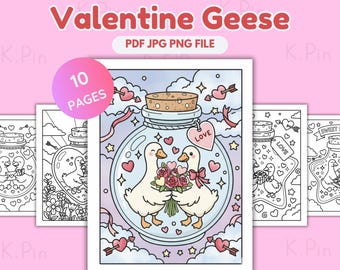 10 Valentine Geese in Jar Coloring Pages | Cute Kawaii Love Couple Printable | Bold Easy Lines Kids Adults | Valentines Day