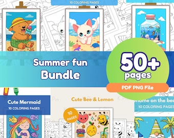 Bundel zomerse kawaii kleurplaten | Strand, zeemeermin, bij-thema's (pdf, png)