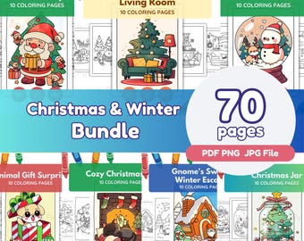 70 schattige kerstkleurplaten | Gezellige winterse kerstman met kat in een sneeuwbol (digitale download)