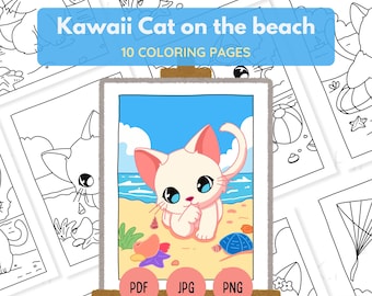 Kawaii Cat Beach Coloring Pages: Summer Fun (Printable PDF Download)