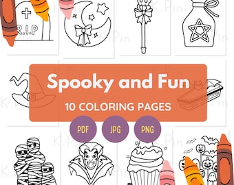 10 Halloween Coloring Pages | Spooky Fun Kawaii Printable | Bold Easy Lines Kids Adults | October Activity | Instant Download PDF PNG JPG