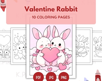 Valentine Rabbit Coloring Pages - Kawaii Bunny Love - Printable Digital Download - Valentine’s Day Activity for Kids & Adults