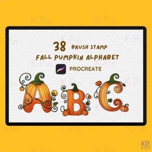 Sellos de pincel Procreate con el alfabeto de calabaza otoñal / 38 sellos de letras otoñales / Caligrafía y lettering digital / Descarga instantánea