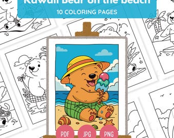 10 Kawaii Bear Beach Coloring Pages | Summer Fun Printable Bundle | Bold Easy Lines Kids Adults | Cute Bear Vacation | Instant Download