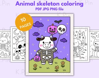 Kleurplaten kawaii halloween dierlijk skelet – griezelige printables (pdf-download)
