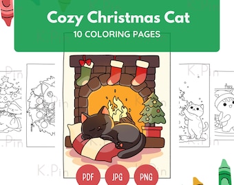 Christmas Cat Coloring Pages | 10 Holiday Printable Sheets (Digital Download)