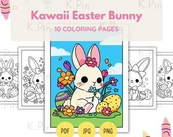 10 Kawaii Easter Bunny Coloring Pages | Cute Rabbit Printable | Bold Easy Lines Kids Adults | Spring Egg Hunt Activity | Instant Download