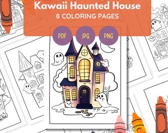 May include: A coloring book page featuring a Kawaii Haunted House design with 8 coloring pages. The image includes a spooky house with ghosts, a moon, and the text "Kawaii Haunted House" and "8 Coloring Pages".