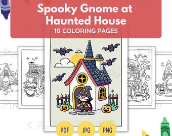 Halloween Gnome Coloring Pages | Haunted House, 10 Printable Sheets (PDF, JPG, PNG)